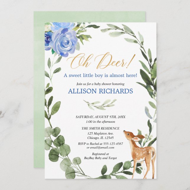 Oh deer blue gold eucalyptus boy baby shower invitation (Front/Back)