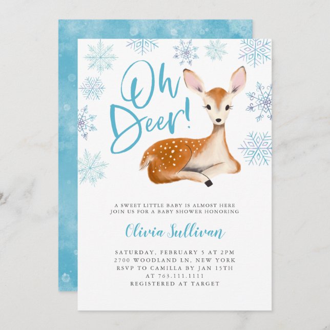 Oh Deer Blue Winter Baby Shower Invitation (Front/Back)
