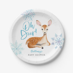 Oh Deer Blue Winter Wonderland Baby Shower Paper Plate