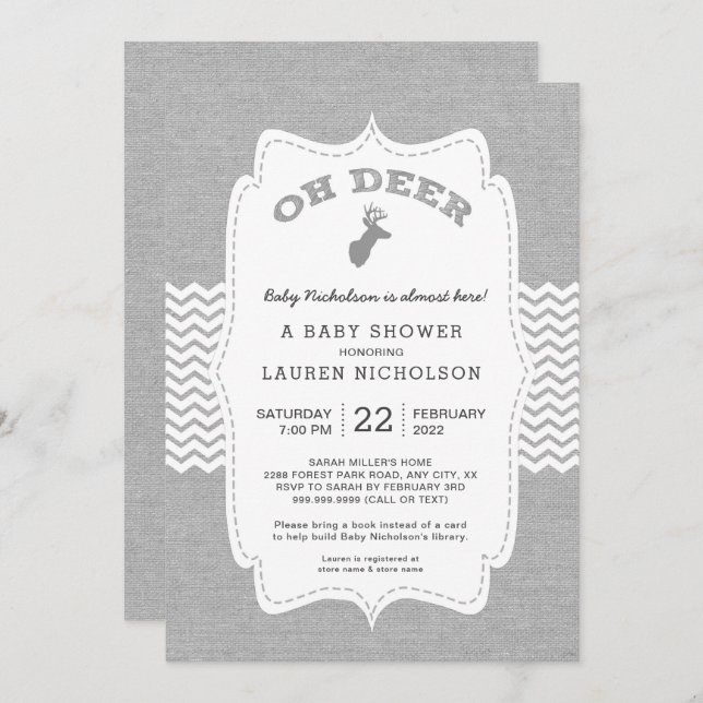 OH DEER Buck Baby Shower, rustic grey white Invitation (Front/Back)