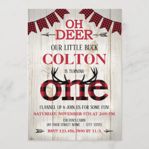 Oh Deer! Buffalo Plaid Our Little Buck Birthday Invitation