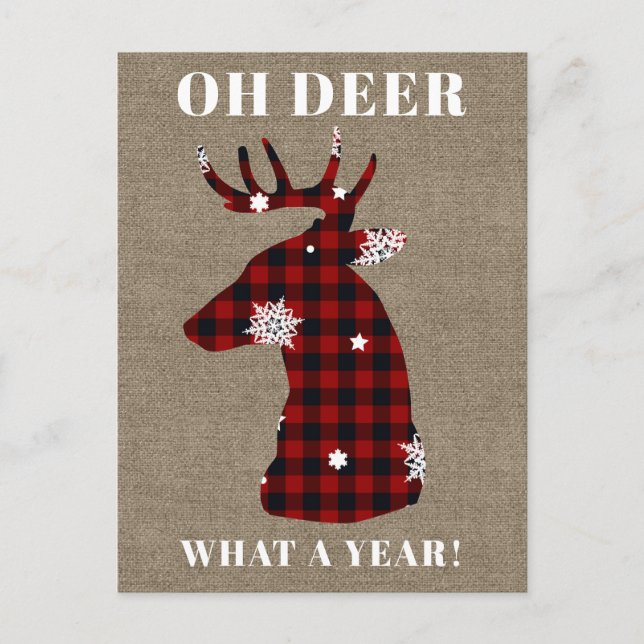 Oh Deer Buffalo Plaid Snowflake Burlap Christmas Holiday Postcard (Front)