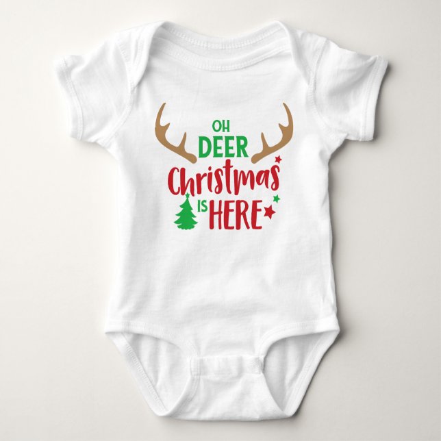 Oh Deer Christmas Is Here, Christmas Tree, Antlers Baby Bodysuit (Front)