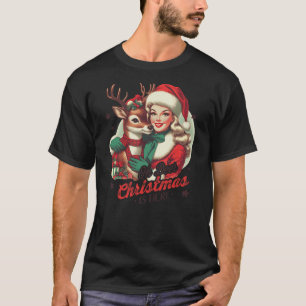 Oh Deer Christmas Is Here Cute Vintage Christmas T-Shirt