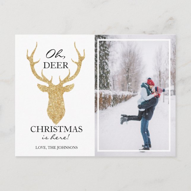 Oh Deer Christmas is Here Faux Gold Glitter Deer Holiday Postcard (Front)