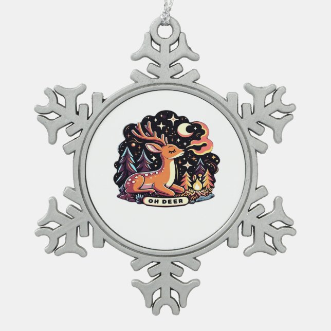 Oh Deer Contemporary Graphic Vibe  Snowflake Pewter Christmas Ornament (Front)
