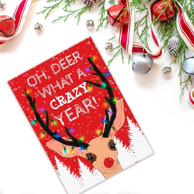 Oh Deer Crazy Year Reindeer Lights Christmas Holiday Card (Creator Uploaded)