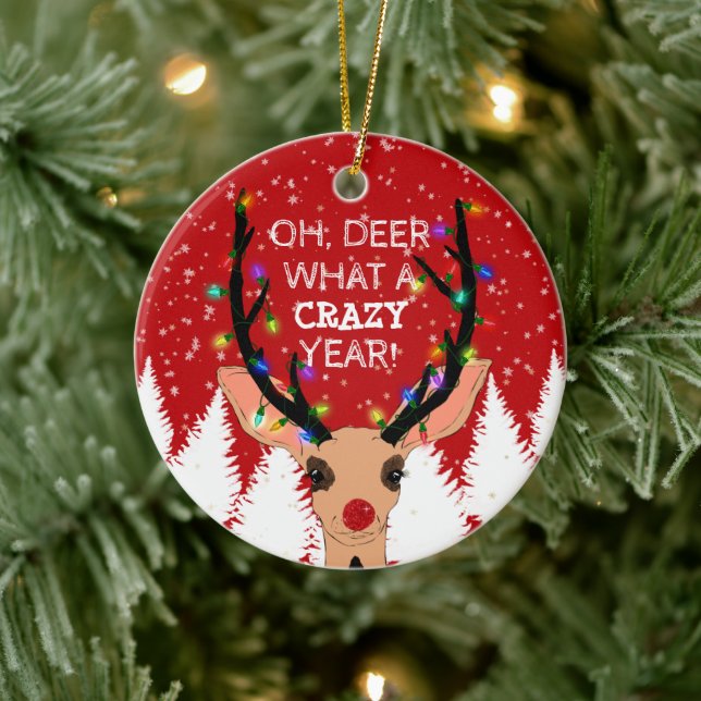 Oh Deer Crazy Year Reindeer Lights Christmas Snowy Ceramic Ornament (Tree)