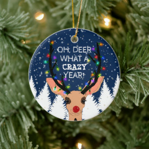 Oh Deer Crazy Year Reindeer Lights Christmas Snowy Ceramic Ornament