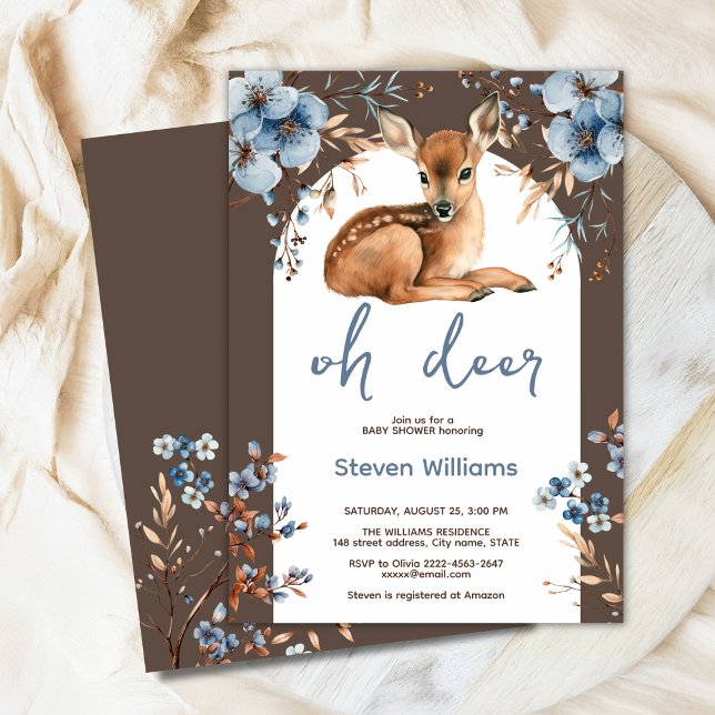 Oh deer cute forest rustic florals baby shower invitation (Oh deer rustic blue florals with cute forest deer baby shower invitation, gender neutral, woodland )