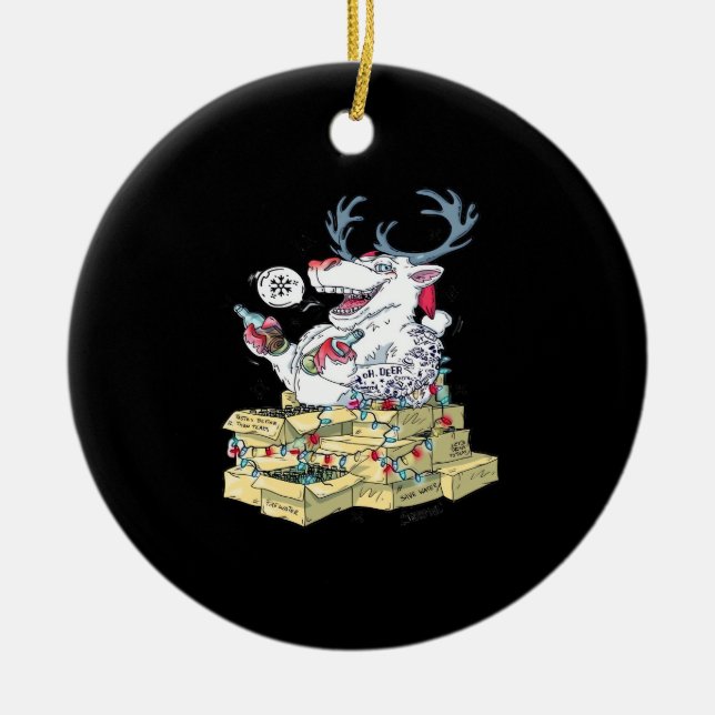 Oh Deer Drunk Reindeer Celebrating ChristmOrnament Ceramic Ornament (Front)