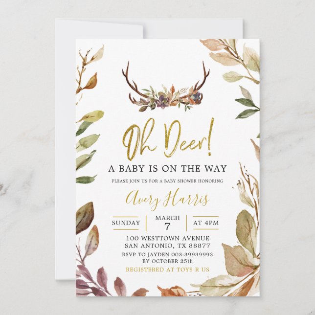 Oh Deer Fall Leaves Boy Baby Shower Invitation (Front)
