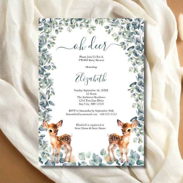 Oh Deer Gender Neutral Twins Baby Shower Invitation (Oh Deer Twins Baby Shower Invitation, Eucalyptus Greenery, Baby Deer, Printed Digital Download)