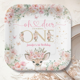 Oh Deer I'm One 1st Birthday Girl Pink Fawn Paper Plate