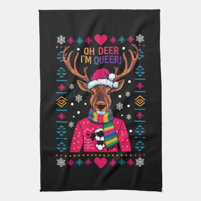 Oh Deer I'm Queer LGBT LGBTQ Gay Pride Ugly Xmas Tea Towel (Vertical)