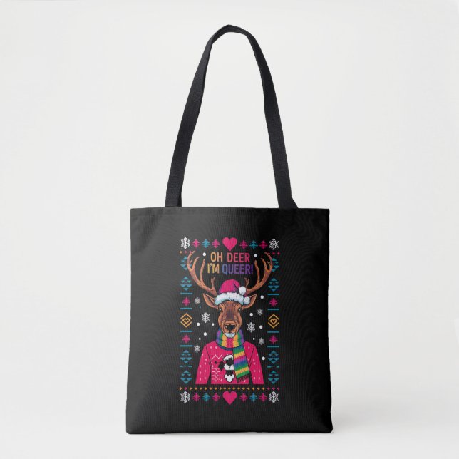 Oh Deer I'm Queer LGBT LGBTQ Gay Pride Ugly Xmas Tote Bag (Front)