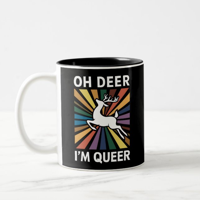 Oh Deer I'm Queer Rainbow LGBT Pride Gay Lesbian  Two-Tone Coffee Mug (Left)