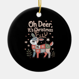 Oh Deer Its Christmas Miniature Patchwork Squares Ceramic Ornament