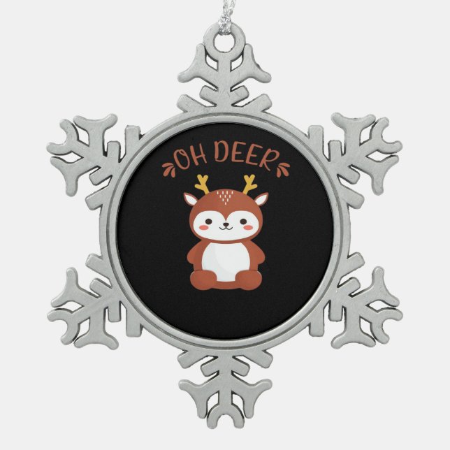 Oh Deer Kawaii Deer Playful Art Style  Snowflake Pewter Christmas Ornament (Front)