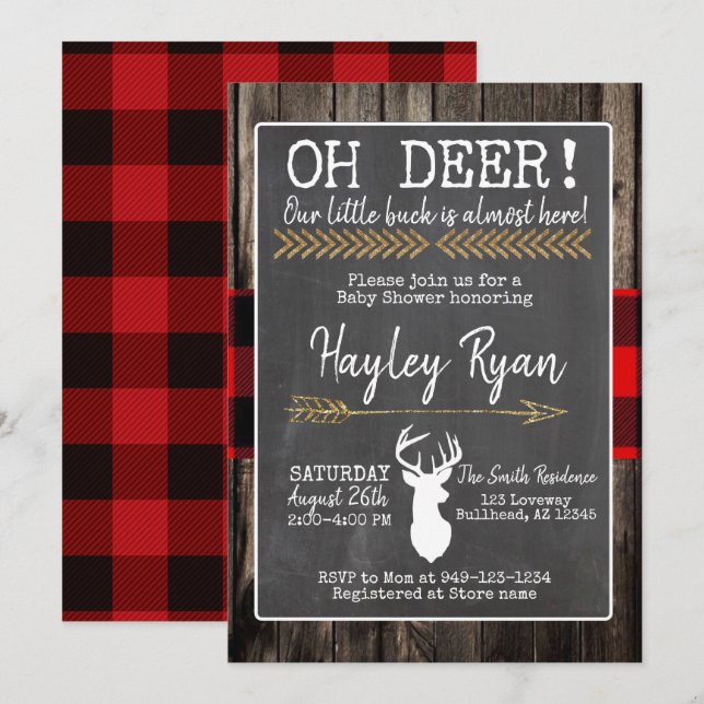 OH Deer! Little Buck Buffalo Plaid Baby Shower Invitation (Front/Back)