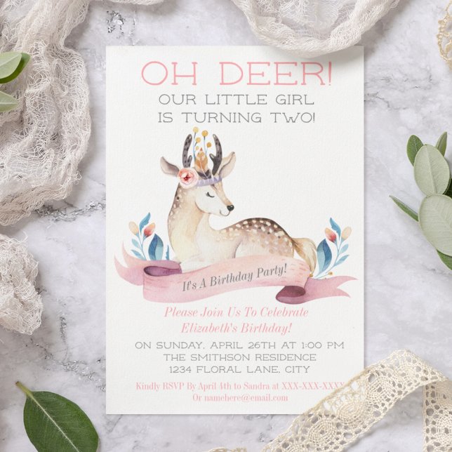 Oh Deer Little Girl Second Birthday Party Pink Invitation (Creator Uploaded)