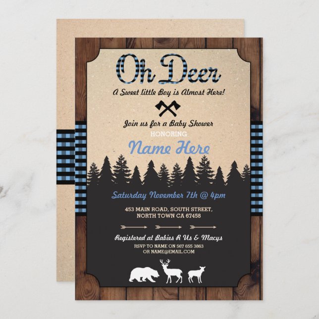 Oh Deer Lumberjack Blue Baby Shower Boy Invitation (Front/Back)