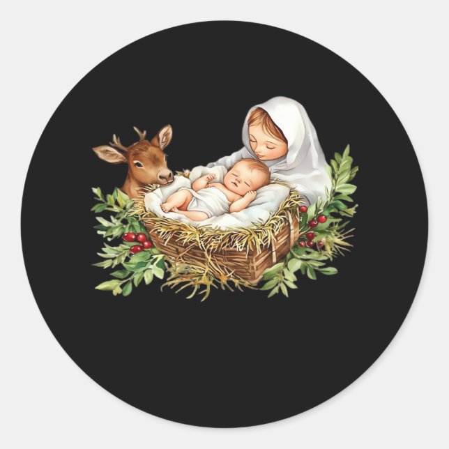 Oh Deer Mary Nativity Scene Christmas Jesus   Classic Round Sticker (Front)