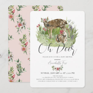 Oh Deer Mum & Fawn Pink Floral Girl Baby Shower Invitation