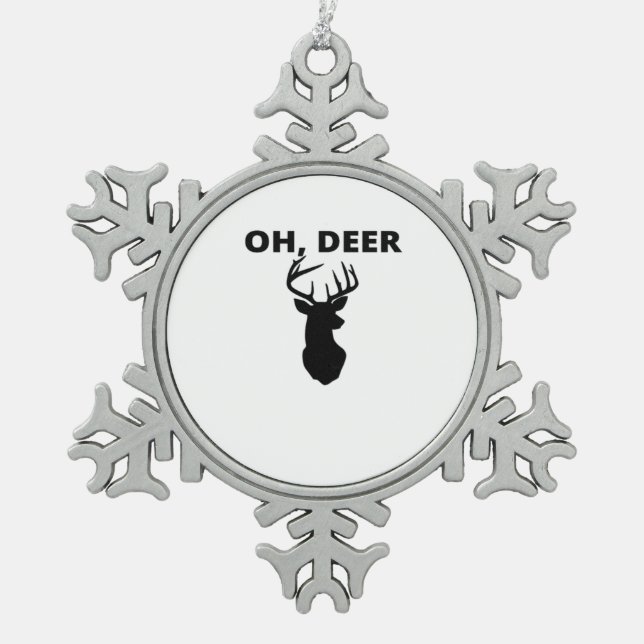 Oh Deer Oh Dear Whimsical Art Style  Snowflake Pewter Christmas Ornament (Front)