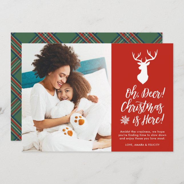 Oh, Deer! One Photo | Green Plaid Holiday Card (Front/Back)