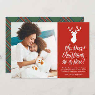 Oh, Deer! One Photo   Green Plaid Holiday Card