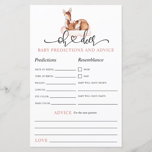 Oh Deer Pink Cloud Baby Predictions Advice Game (Front)
