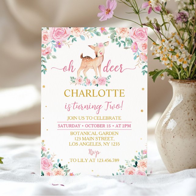 Oh Deer Pink Floral 2nd Birthday Invitation (Creator Uploaded)