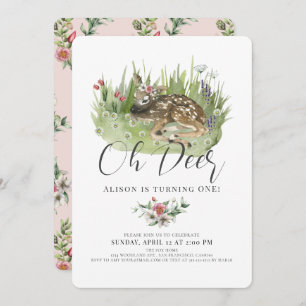 Oh Deer Pink Floral Girl 1st Birthday Invitation