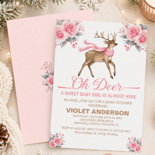 Oh Deer Pink Floral Girl Baby Shower Invitation