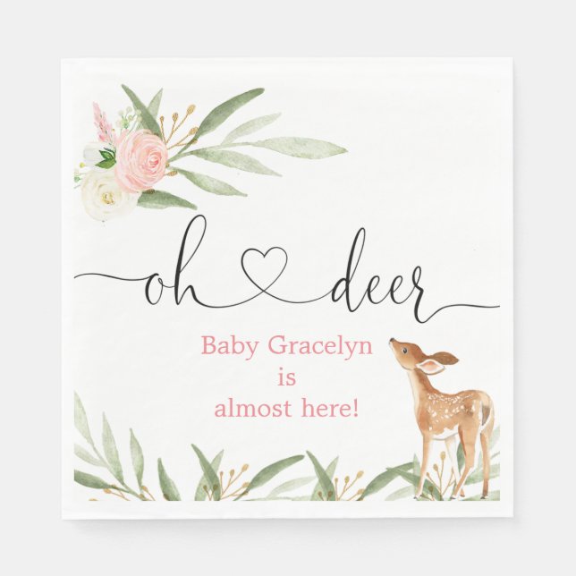 Oh deer pink gold greenery deer baby shower napkin (Front)