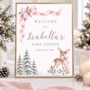 Oh Deer Pink Winter Baby Girl Shower Welcome Sign