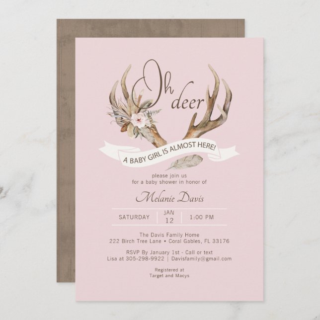 Oh Deer Pink Woodland Baby Shower Invitation – Boh (Front/Back)