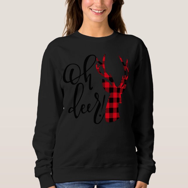 Oh Deer Reindeer Red Plaid Buffalo Christmas Pajam Sweatshirt (Front)