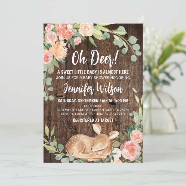 Oh Deer Rustic Boho Floral Baby Shower Invitation (Standing Front)