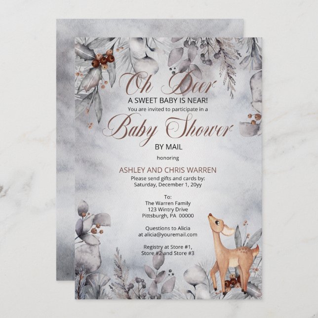 Oh Deer Rustic Winter Floral Baby Shower by Mail I Invitation (Front/Back)