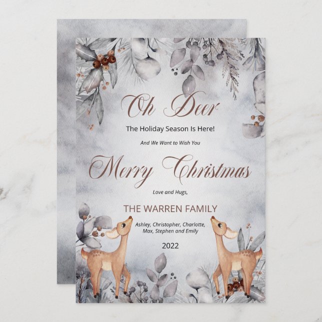 Oh Deer Rustic Winter Floral Merry Christmas  Holiday Card (Front/Back)