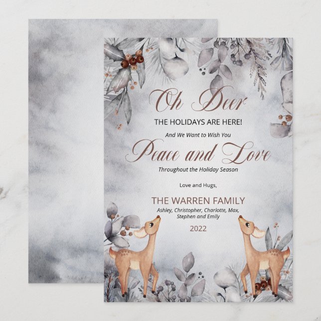 Oh Deer Rustic Winter Floral Peace and Love  Holiday Card (Front/Back)