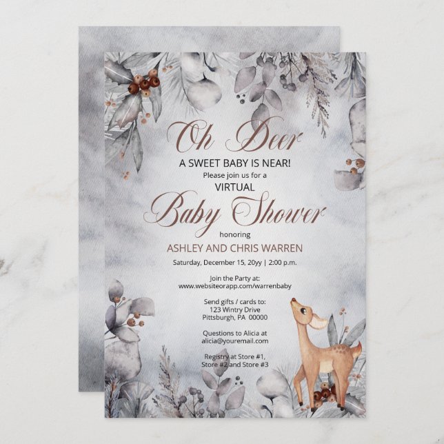 Oh Deer Rustic Winter Floral Virtual Baby Shower I Invitation (Front/Back)
