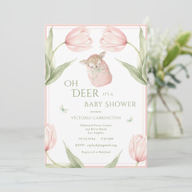 Oh Deer Tulips Pink Baby Shower Invitation (Standing Front)