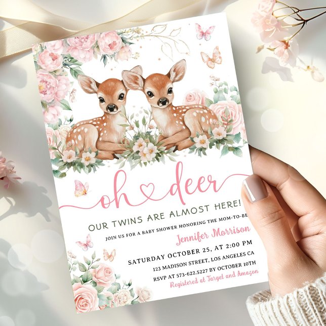 Oh Deer Twin Girls Baby Shower Pink Invitation (Creator Uploaded)