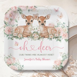 Oh Deer Twin Girls Baby Shower Pink Paper Plate
