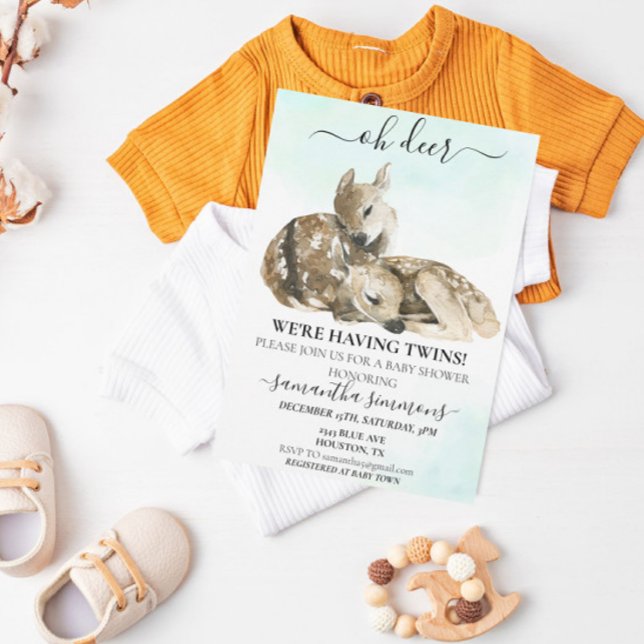 Oh Deer Watercolor Baby Shower Twins   Invitation (Creator Uploaded)