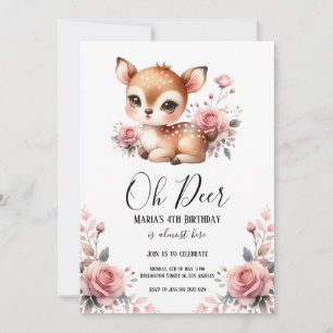 Oh Deer Watercolor Blush pink roses Birthday Party Invitation