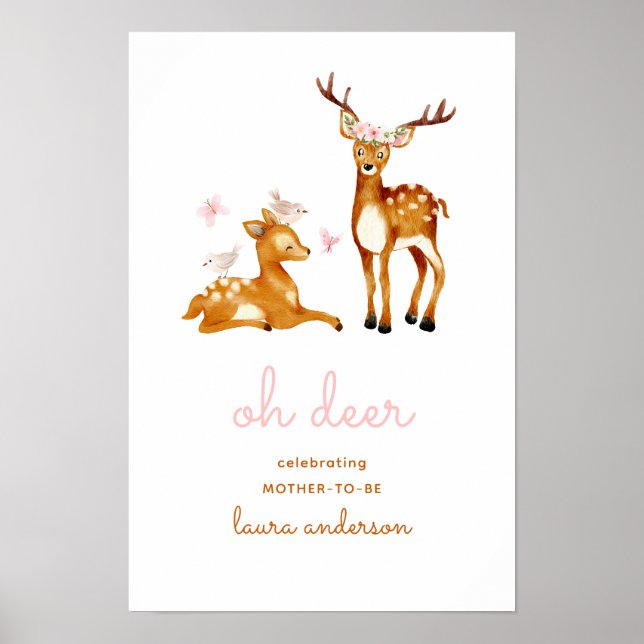 Oh Deer Watercolor Flowers Welcome Baby Shower Poster (Front)